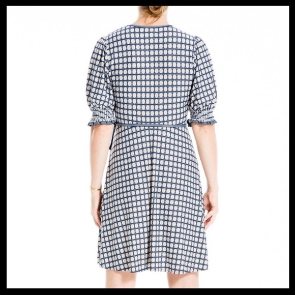 MAX Studio Smocked Sleeve Wrap Dress Color: Navy Blue Deco Poppy - Picture 2 of 8